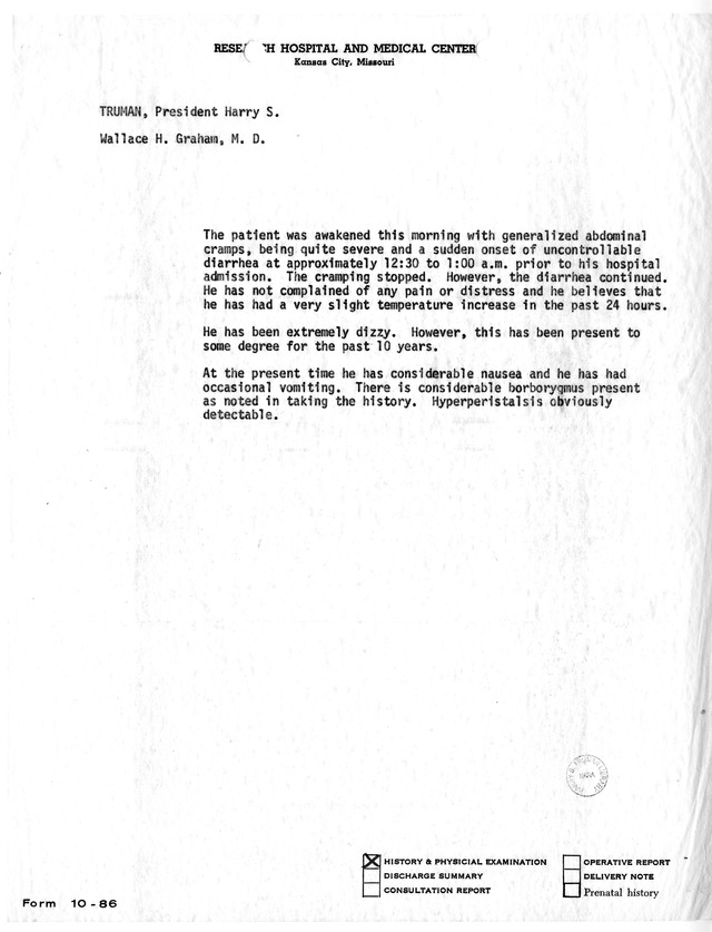 Physician's Report by Wallace H. Graham for Former President Harry S. Truman