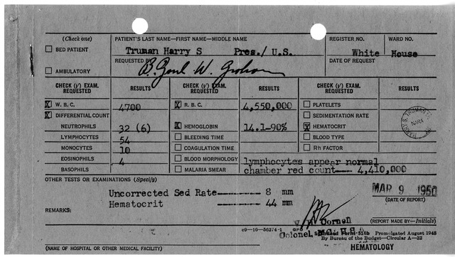 Upper Gastro-Intestinal Exam and Blood Profile Results for President Harry S. Truman