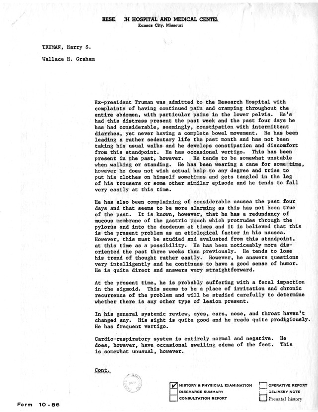 Physician's Report by Wallace H. Graham for Former President Harry S. Truman