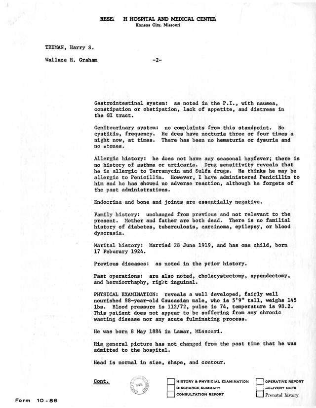 Physician's Report by Wallace H. Graham for Former President Harry S. Truman