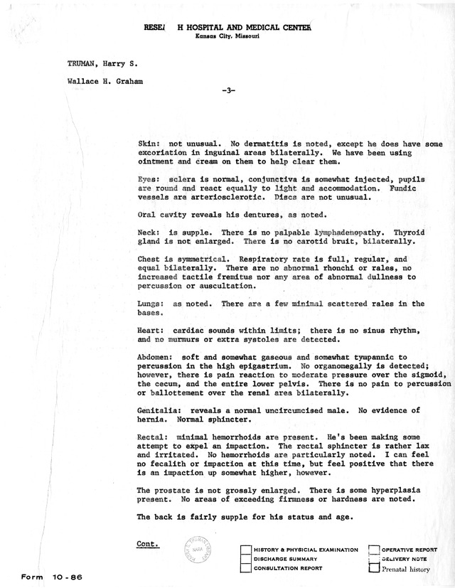 Physician's Report by Wallace H. Graham for Former President Harry S. Truman