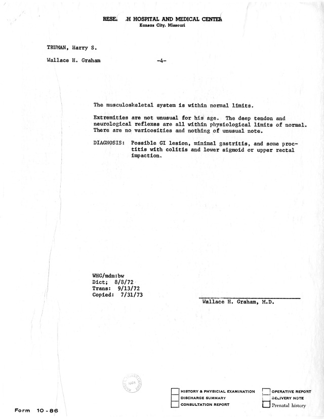 Physician's Report by Wallace H. Graham for Former President Harry S. Truman