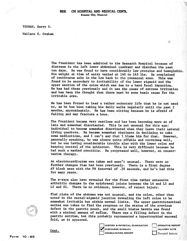 Physician's Report by Wallace H. Graham for Former President Harry S. Truman