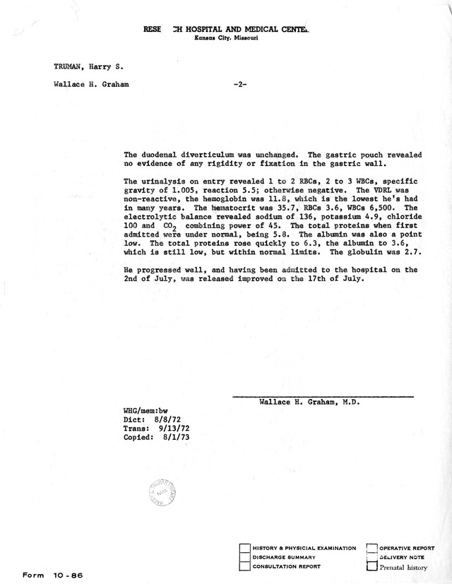 Physician's Report by Wallace H. Graham for Former President Harry S. Truman