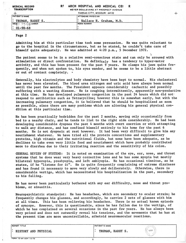 Physician's Report by Wallace H. Graham for Former President Harry S. Truman