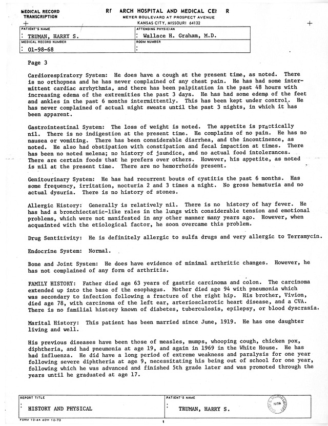Physician's Report by Wallace H. Graham for Former President Harry S. Truman