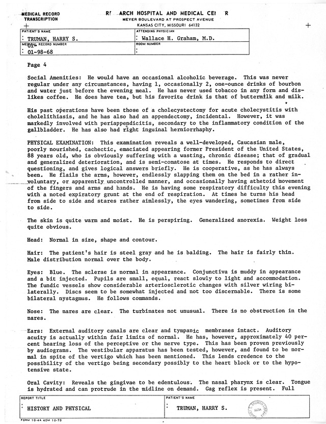 Physician's Report by Wallace H. Graham for Former President Harry S. Truman