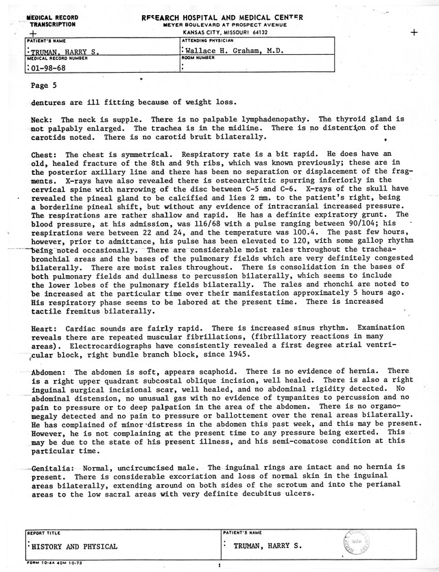 Physician's Report by Wallace H. Graham for Former President Harry S. Truman