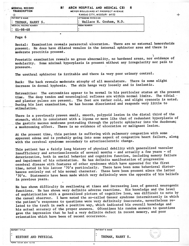 Physician's Report by Wallace H. Graham for Former President Harry S. Truman