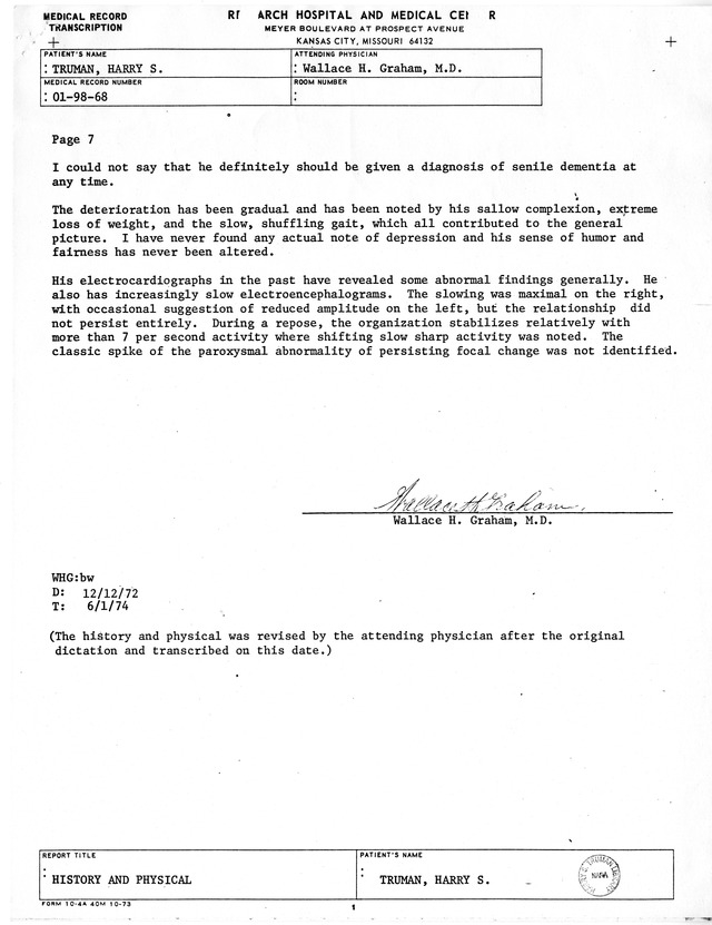 Physician's Report by Wallace H. Graham for Former President Harry S. Truman