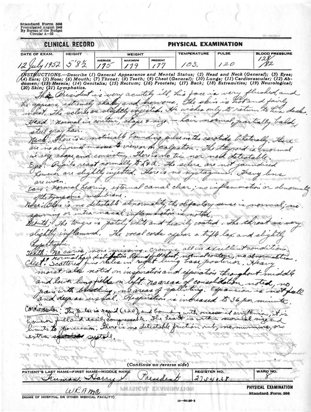Physical Examination Notes and Results for President Harry S. Truman