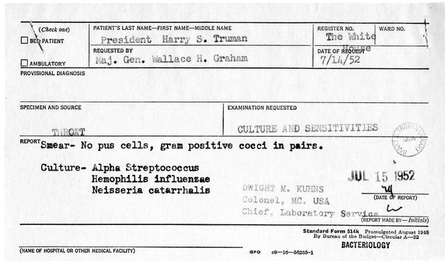 Throat and Blood Culture Results for President Harry S. Truman