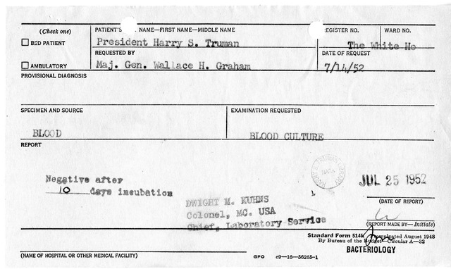 Throat and Blood Culture Results for President Harry S. Truman