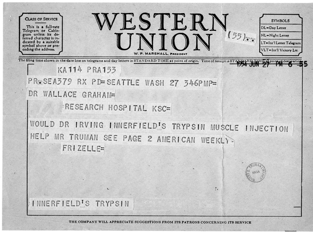 Telegram from Frizelle (surname unknown) to Dr. Wallace H. Graham