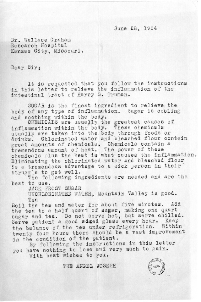 Letter from "The Angel Joseph" to Dr. Wallace H. Graham