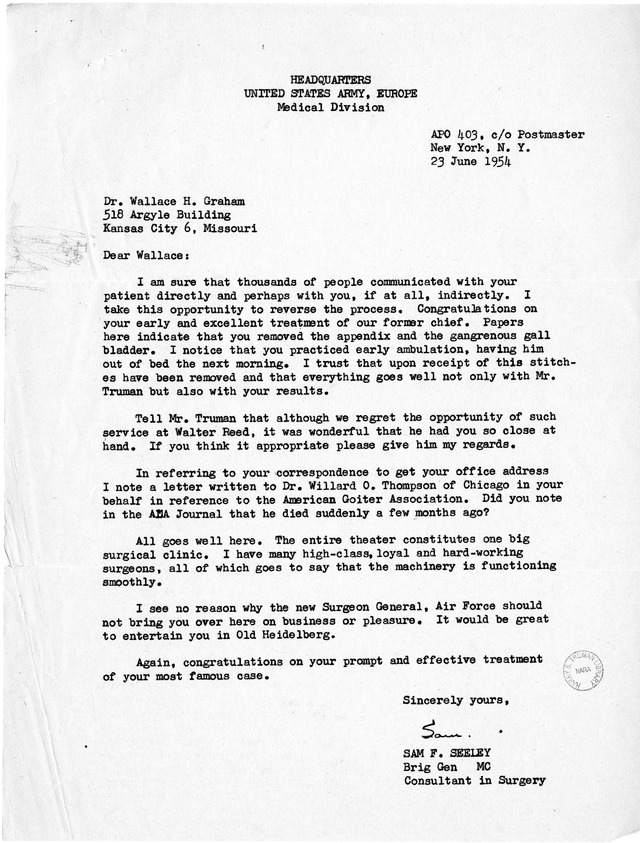 Letter from Dr. Wallace H. Graham to Charles F. Geschickter