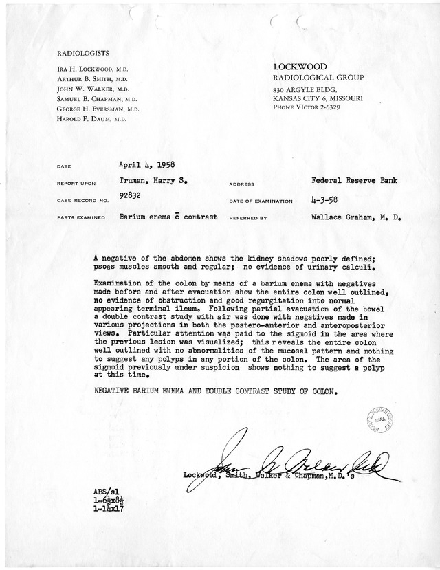 Barium Enema and Abdominal Series Results for Former President Harry S. Truman