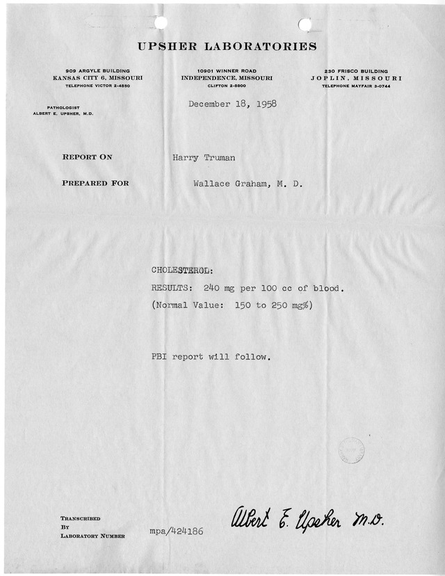 Serum Cholesterol Test Results for Former President Harry S. Truman