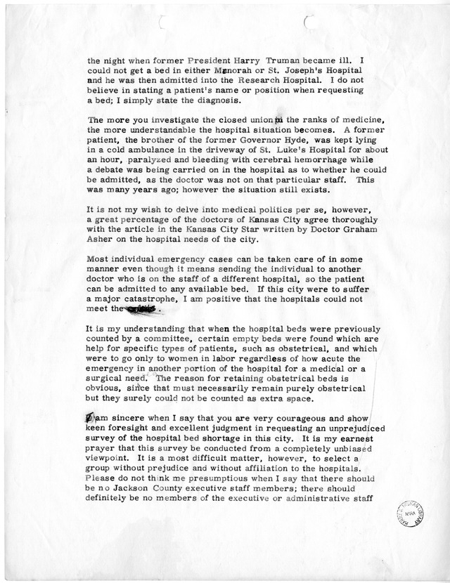 Partial Letter Regarding Availability of Hospital Beds in Kansas City, Missouri