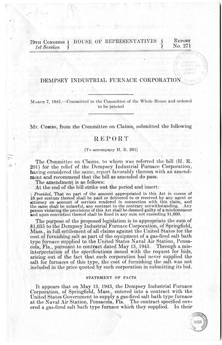 Memorandum from Frederick J. Bailey to M. C. Latta, H.R. 201, For the Relief of the Dempsey Industrial Furnace Corporation, with Attachments