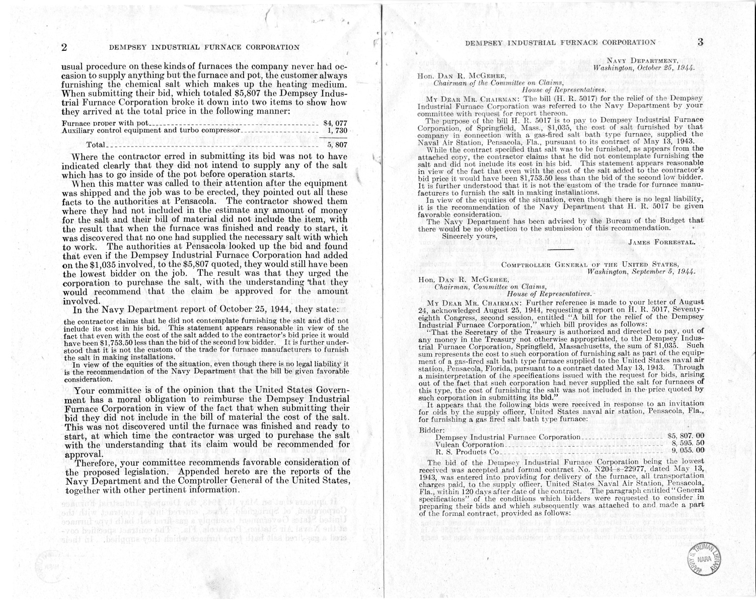 Memorandum from Frederick J. Bailey to M. C. Latta, H.R. 201, For the Relief of the Dempsey Industrial Furnace Corporation, with Attachments