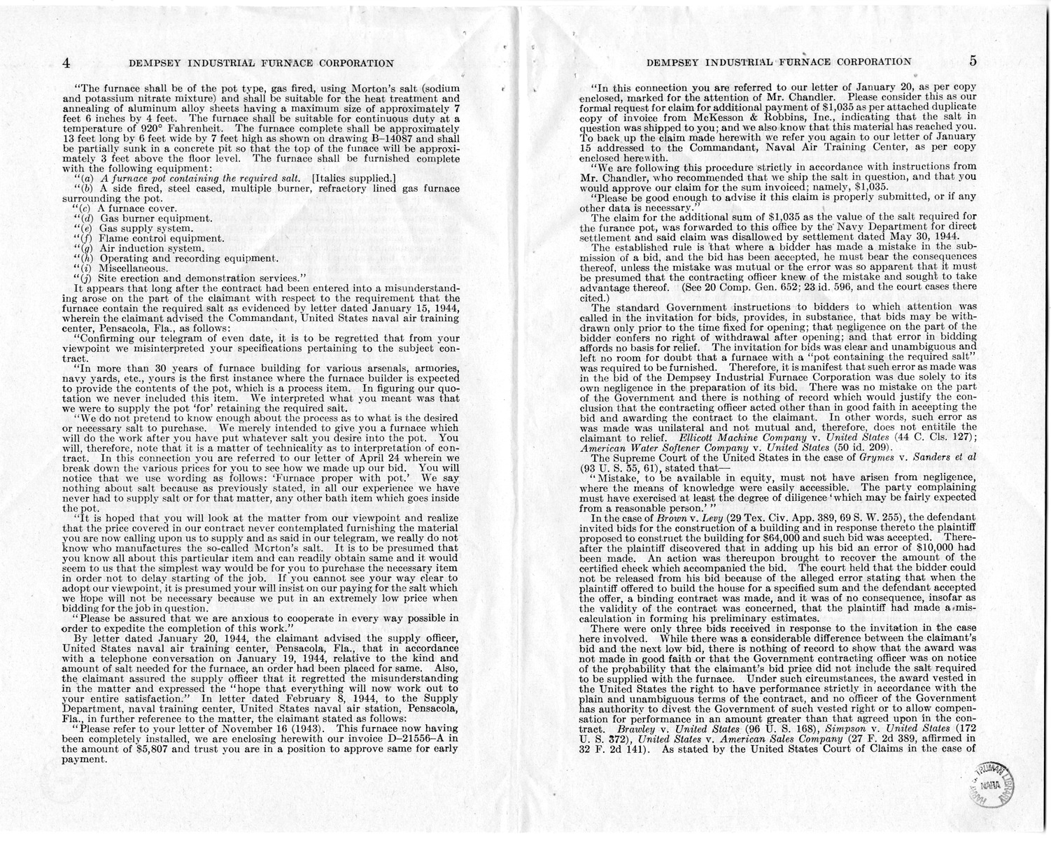 Memorandum from Frederick J. Bailey to M. C. Latta, H.R. 201, For the Relief of the Dempsey Industrial Furnace Corporation, with Attachments