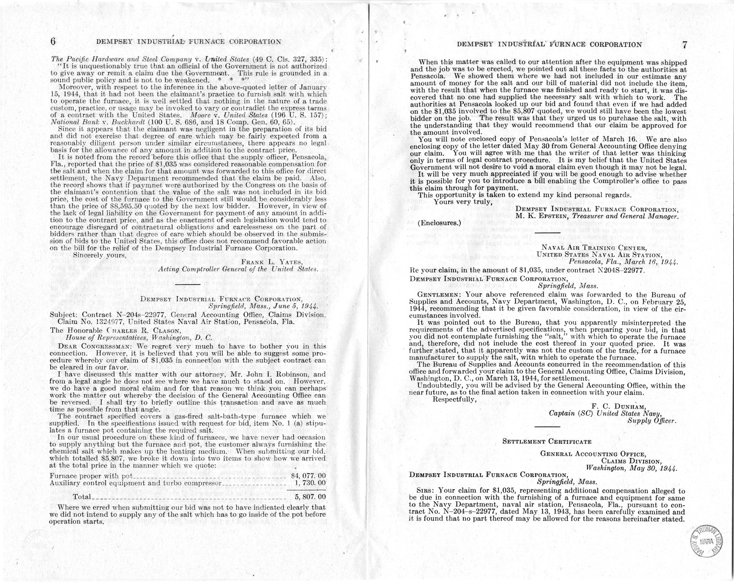Memorandum from Frederick J. Bailey to M. C. Latta, H.R. 201, For the Relief of the Dempsey Industrial Furnace Corporation, with Attachments