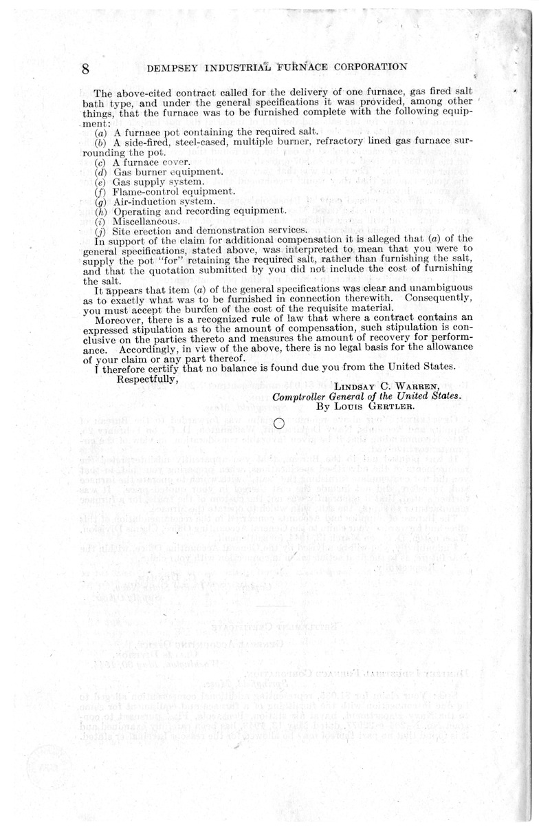 Memorandum from Frederick J. Bailey to M. C. Latta, H.R. 201, For the Relief of the Dempsey Industrial Furnace Corporation, with Attachments