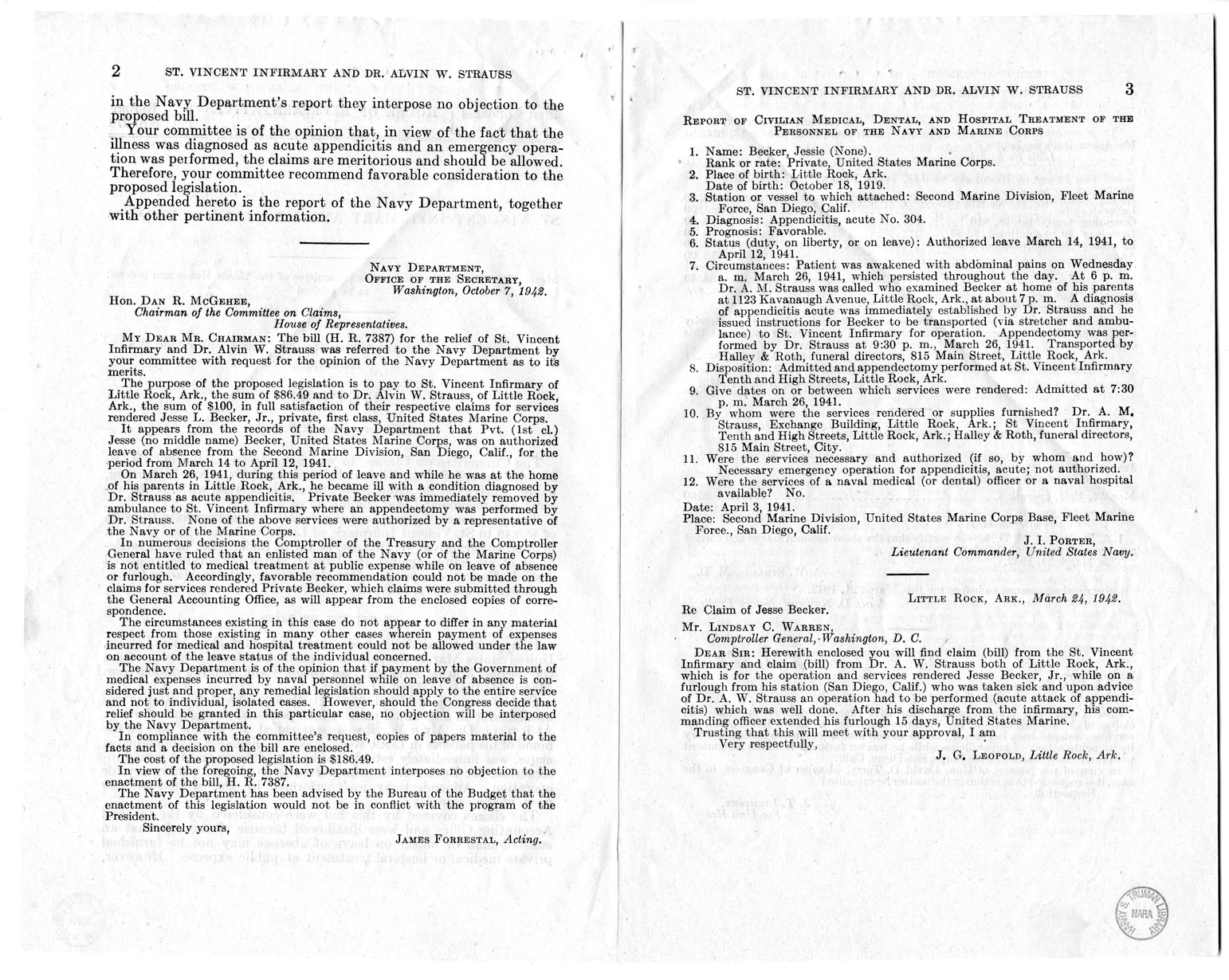 Memorandum from Frederick J. Bailey to M. C. Latta, H. R. 206, for the Relief of Saint Vincent's Infirmary and Doctor Alvin W. Strauss, with Attachments