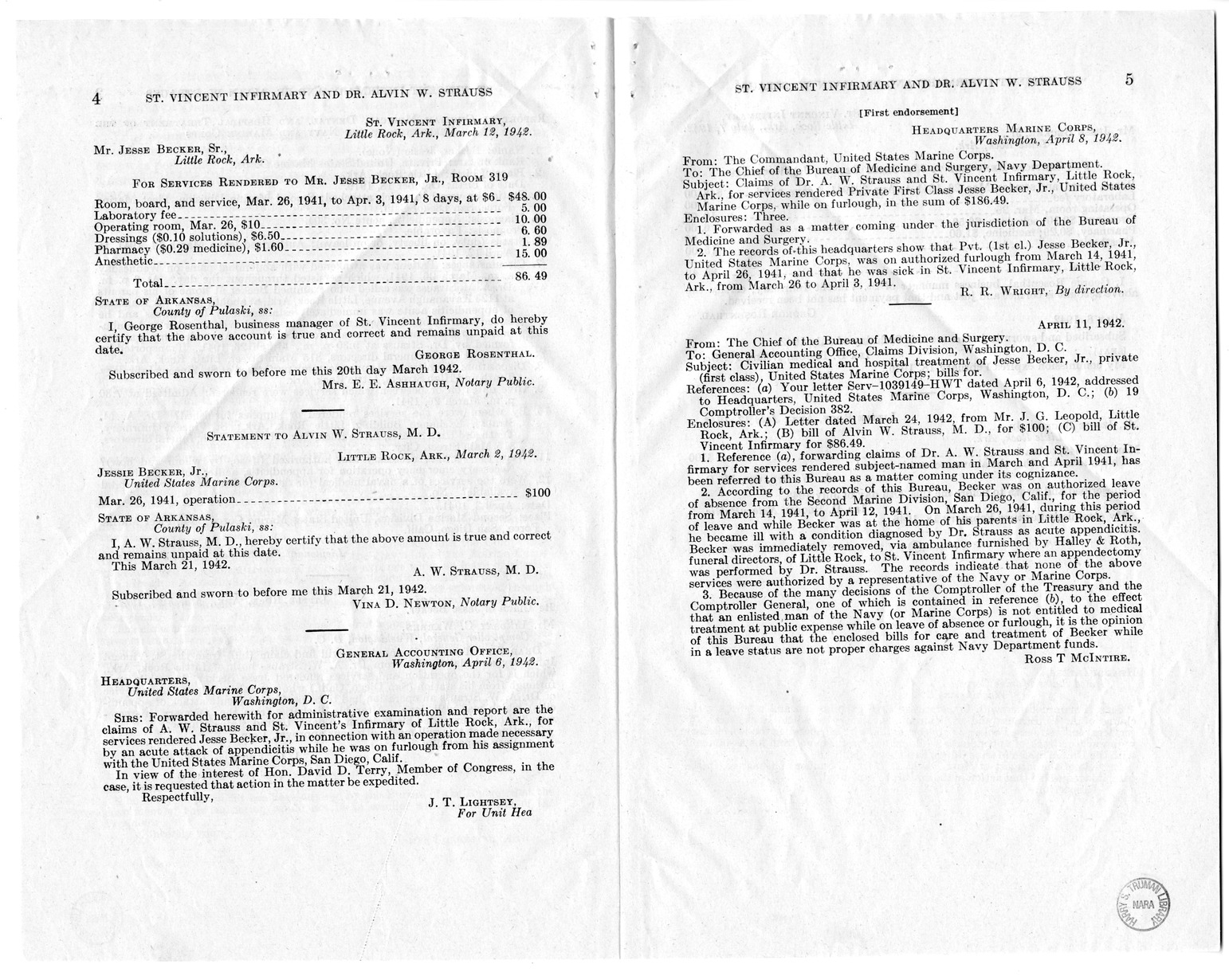 Memorandum from Frederick J. Bailey to M. C. Latta, H. R. 206, for the Relief of Saint Vincent's Infirmary and Doctor Alvin W. Strauss, with Attachments