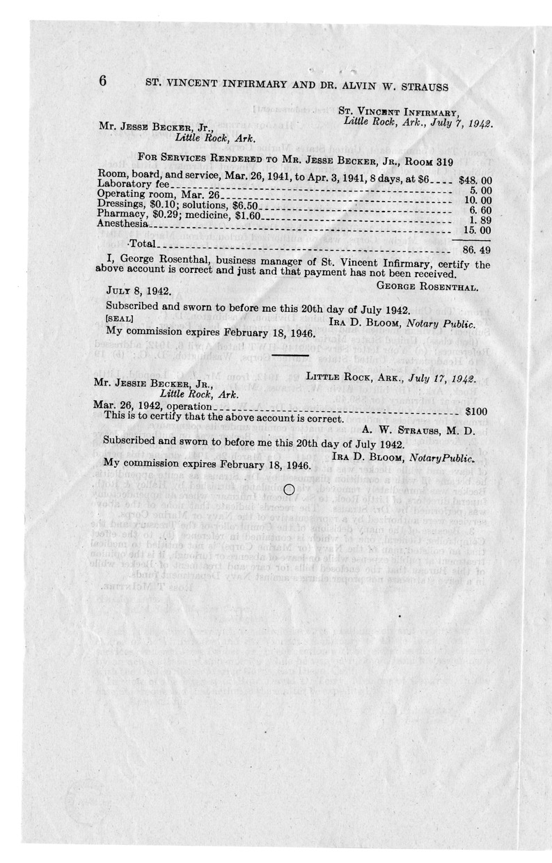Memorandum from Frederick J. Bailey to M. C. Latta, H. R. 206, for the Relief of Saint Vincent's Infirmary and Doctor Alvin W. Strauss, with Attachments