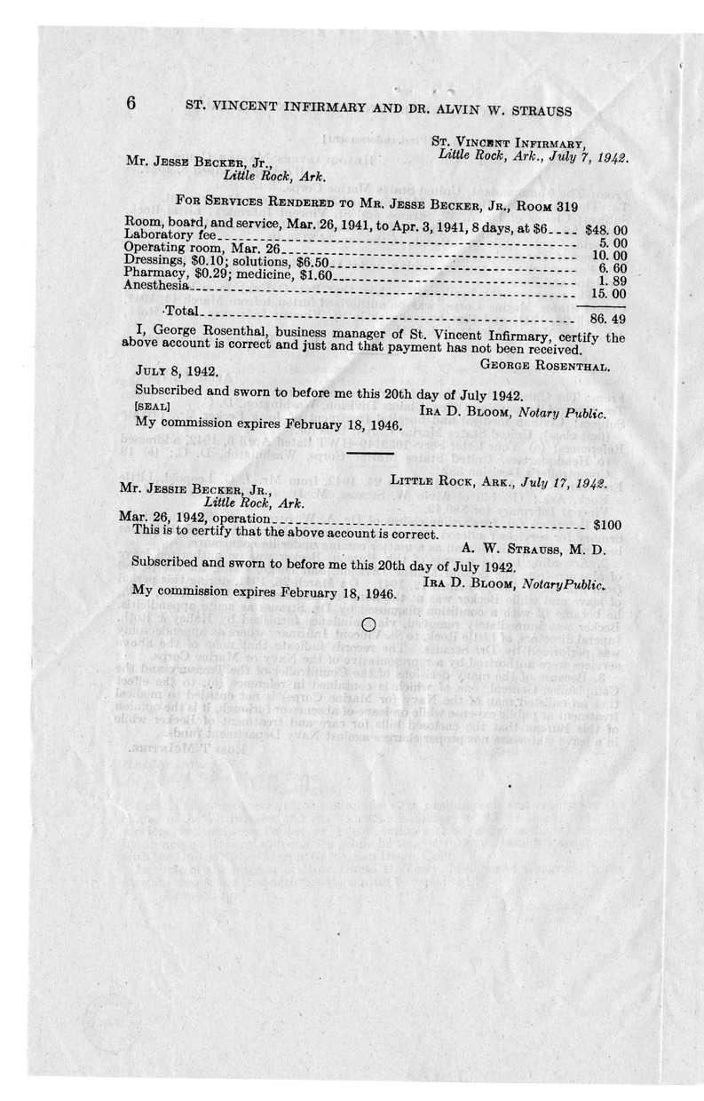 Memorandum from Frederick J. Bailey to M. C. Latta, H. R. 206, for the Relief of Saint Vincent's Infirmary and Doctor Alvin W. Strauss, with Attachments