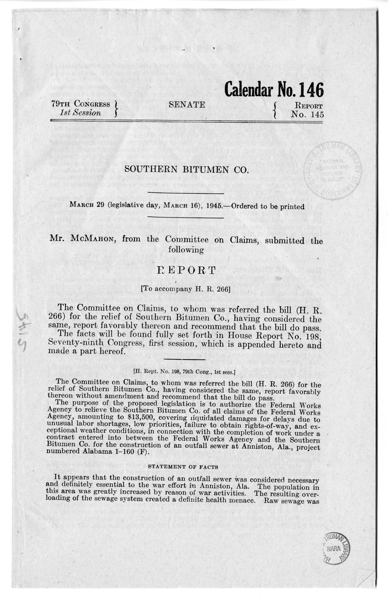 Memorandum from Frederick J. Bailey to M. C. Latta, H.R. 266, For the Relief of the Southern Bitumen Company, of Ensley, Alabama, with Attachments