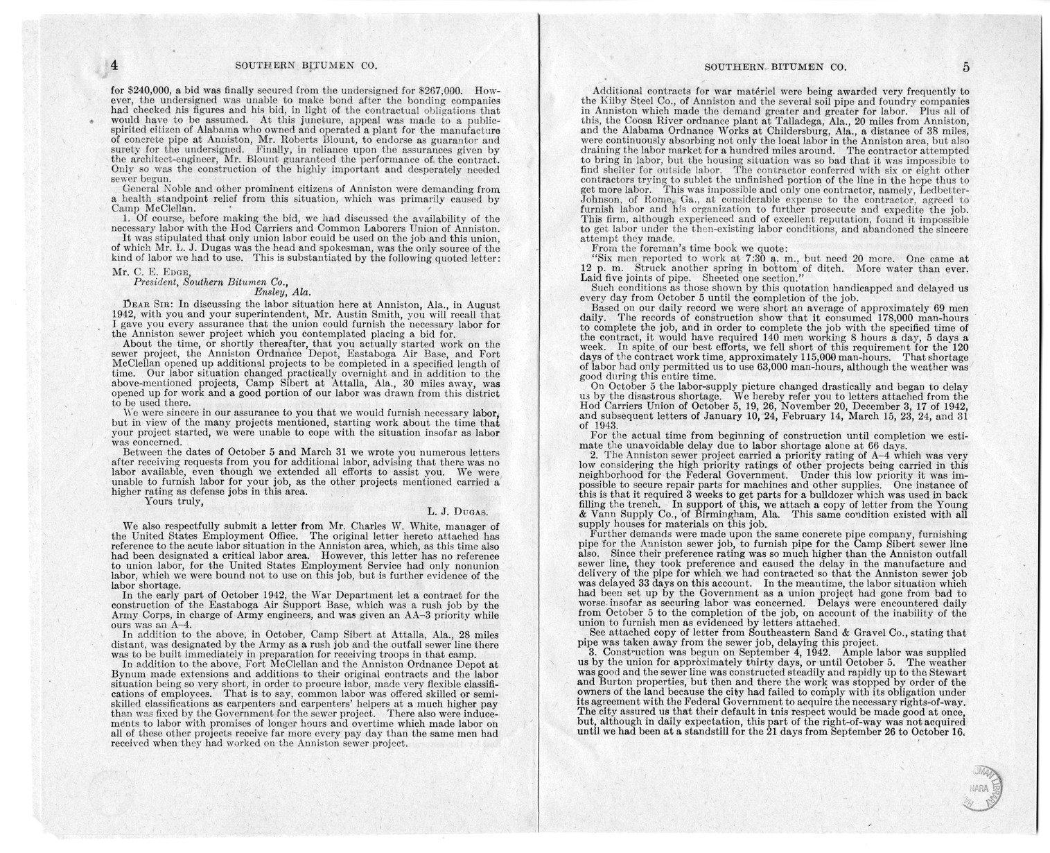 Memorandum from Frederick J. Bailey to M. C. Latta, H.R. 266, For the Relief of the Southern Bitumen Company, of Ensley, Alabama, with Attachments