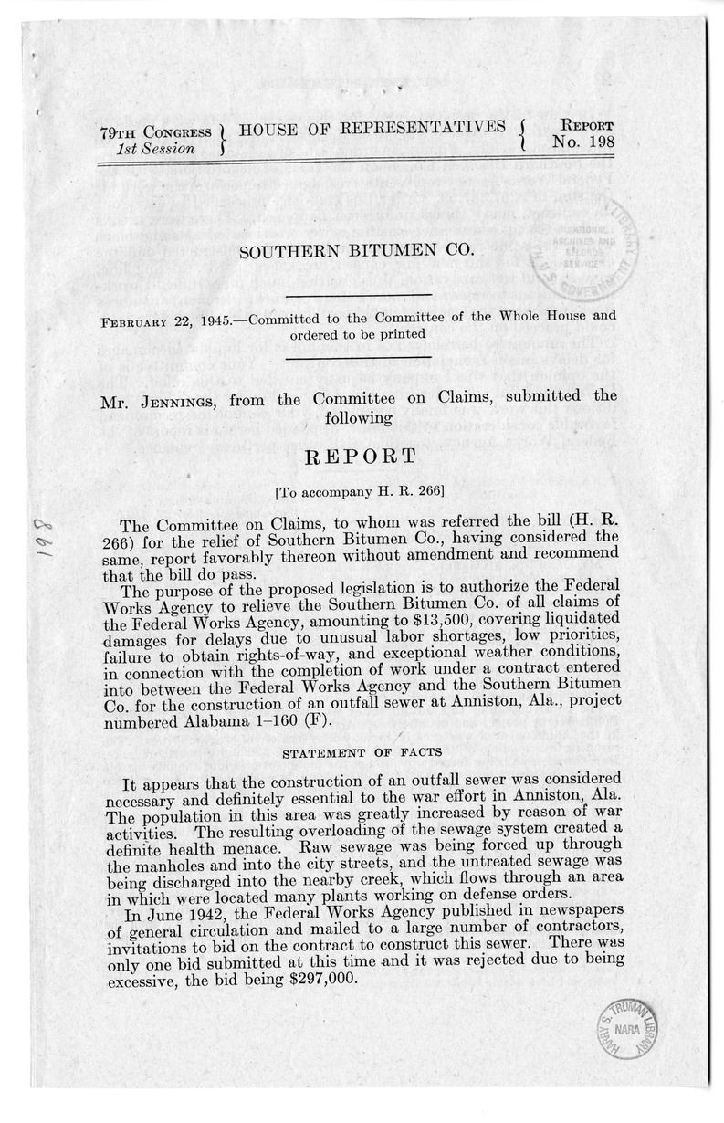 Memorandum from Frederick J. Bailey to M. C. Latta, H.R. 266, For the Relief of the Southern Bitumen Company, of Ensley, Alabama, with Attachments