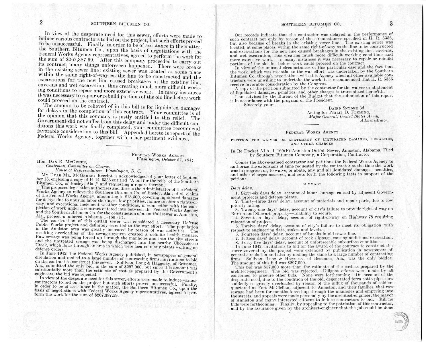 Memorandum from Frederick J. Bailey to M. C. Latta, H.R. 266, For the Relief of the Southern Bitumen Company, of Ensley, Alabama, with Attachments