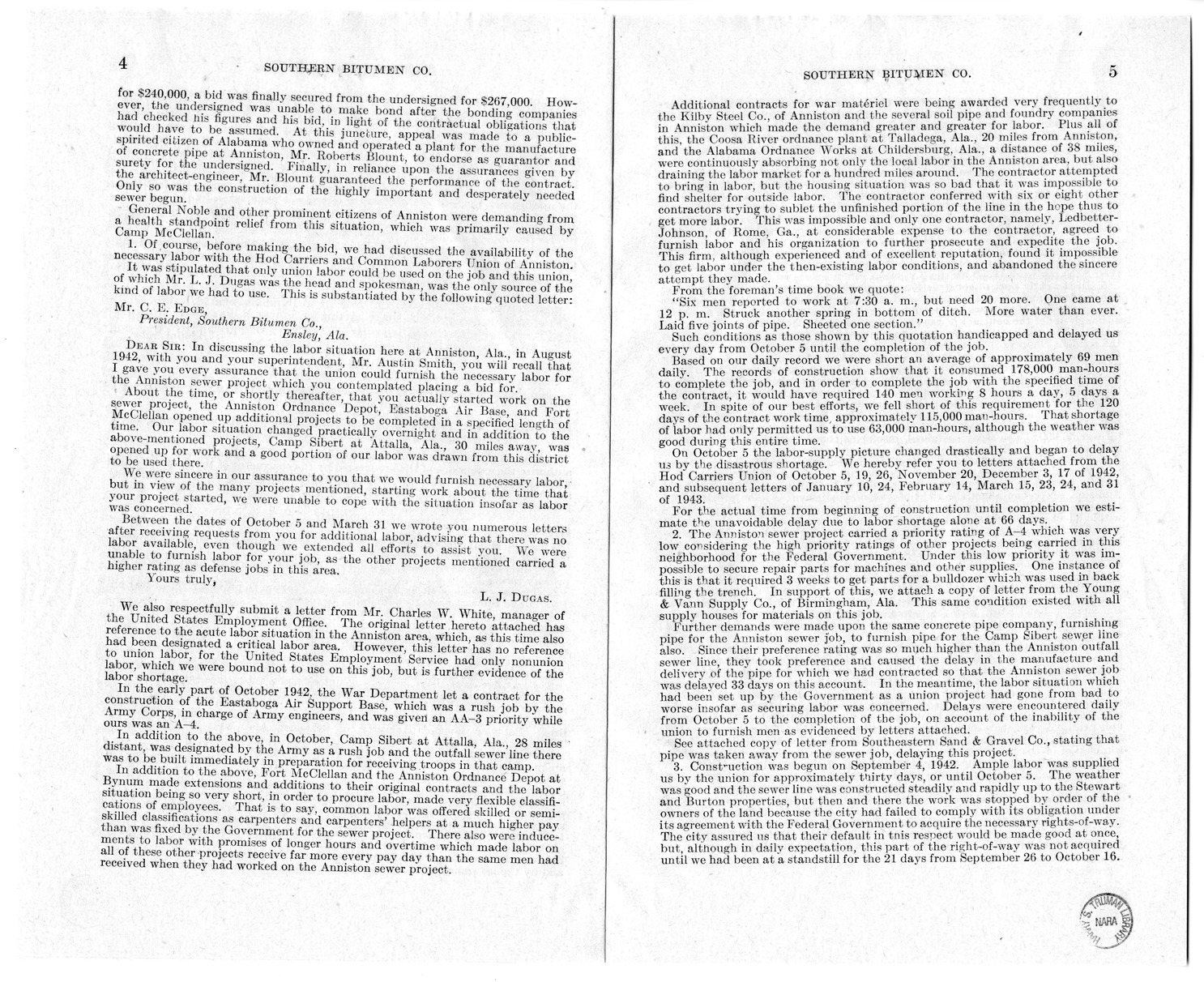 Memorandum from Frederick J. Bailey to M. C. Latta, H.R. 266, For the Relief of the Southern Bitumen Company, of Ensley, Alabama, with Attachments