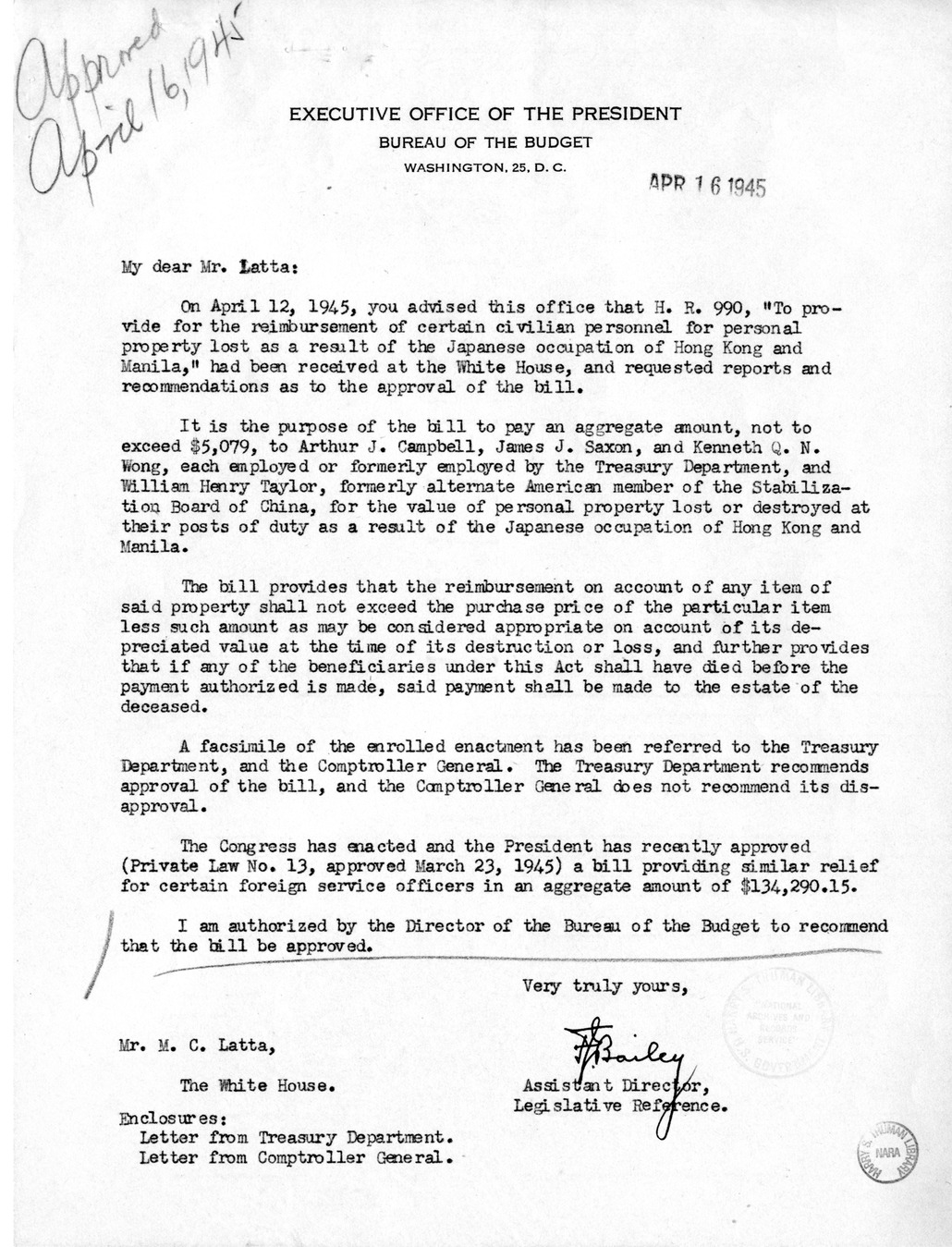 Memorandum from Frederick J. Bailey to M. C. Latta, H.R. 990, To Provide for the Reimbursement of Certain Civilian Personnel for Personal Property Lost as a Result of the Japanese Occupation of Hong Kong and Manila, with Attachment