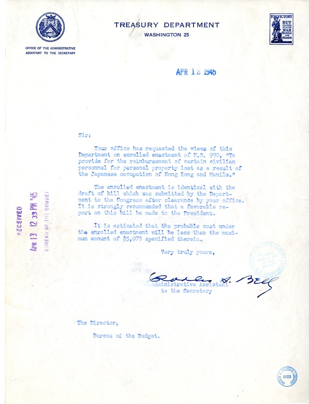 Memorandum from Frederick J. Bailey to M. C. Latta, H.R. 990, To Provide for the Reimbursement of Certain Civilian Personnel for Personal Property Lost as a Result of the Japanese Occupation of Hong Kong and Manila, with Attachment