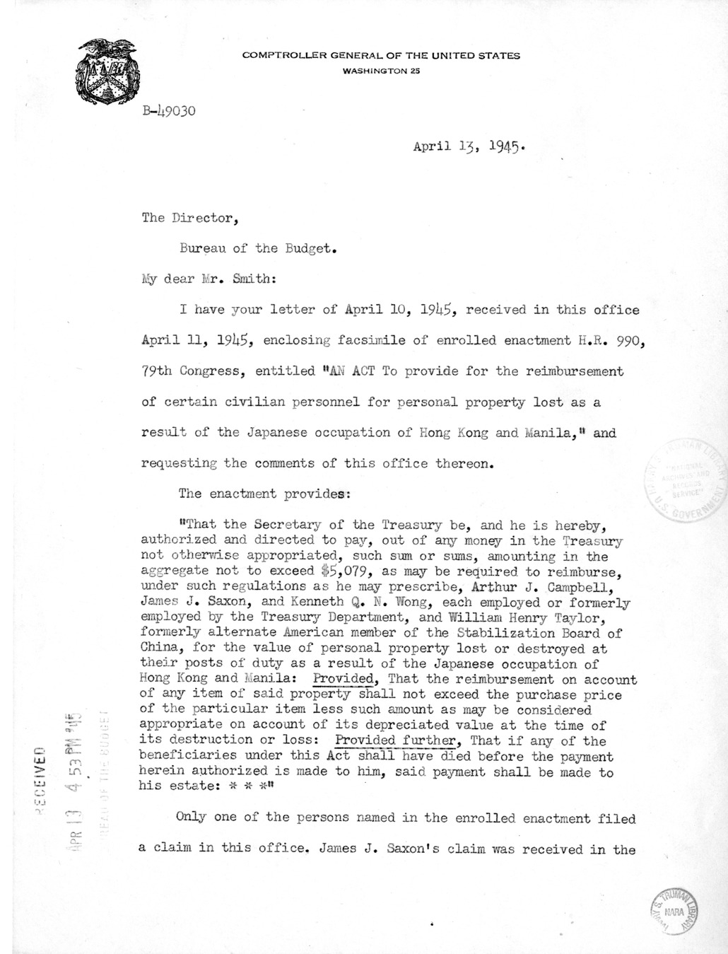 Memorandum from Frederick J. Bailey to M. C. Latta, H.R. 990, To Provide for the Reimbursement of Certain Civilian Personnel for Personal Property Lost as a Result of the Japanese Occupation of Hong Kong and Manila, with Attachment