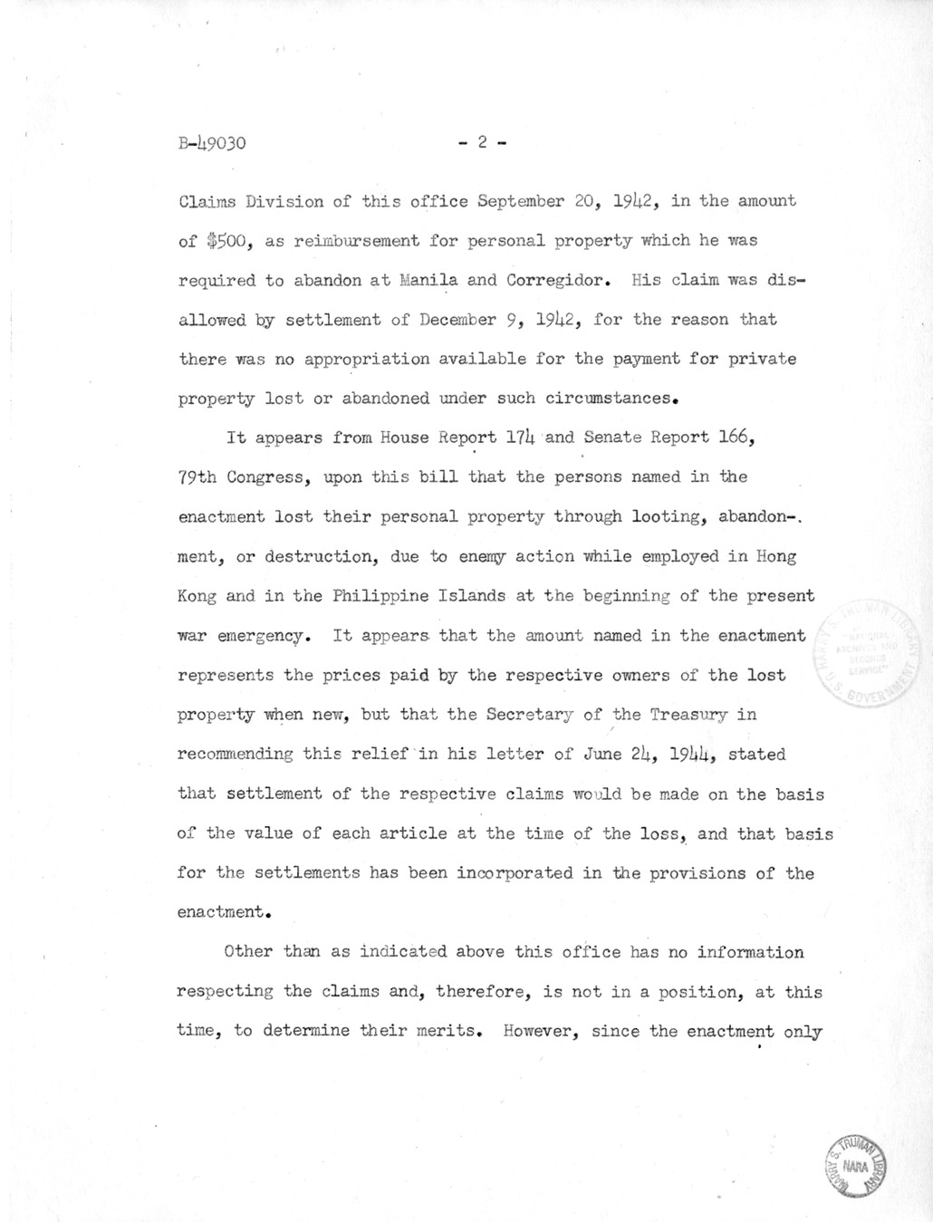 Memorandum from Frederick J. Bailey to M. C. Latta, H.R. 990, To Provide for the Reimbursement of Certain Civilian Personnel for Personal Property Lost as a Result of the Japanese Occupation of Hong Kong and Manila, with Attachment