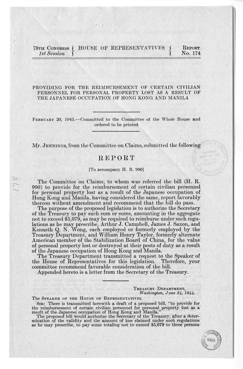 Memorandum from Frederick J. Bailey to M. C. Latta, H.R. 990, To Provide for the Reimbursement of Certain Civilian Personnel for Personal Property Lost as a Result of the Japanese Occupation of Hong Kong and Manila, with Attachment