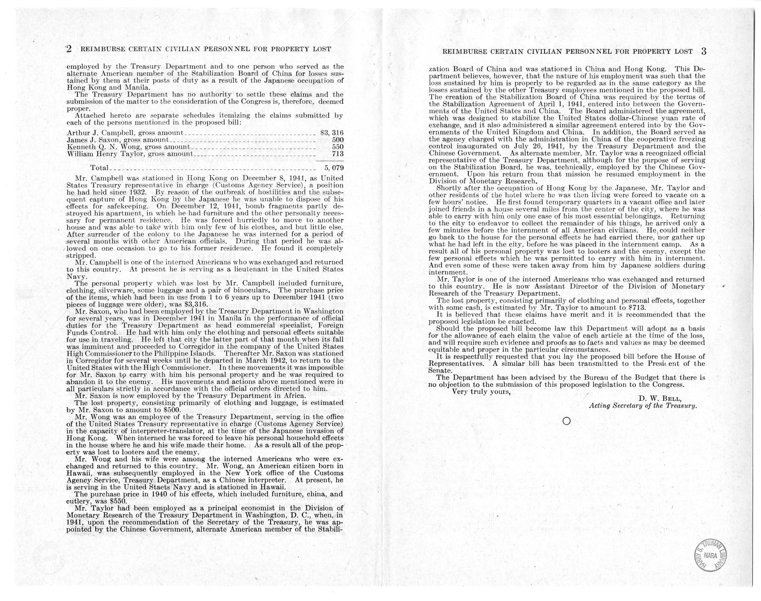 Memorandum from Frederick J. Bailey to M. C. Latta, H.R. 990, To Provide for the Reimbursement of Certain Civilian Personnel for Personal Property Lost as a Result of the Japanese Occupation of Hong Kong and Manila, with Attachment