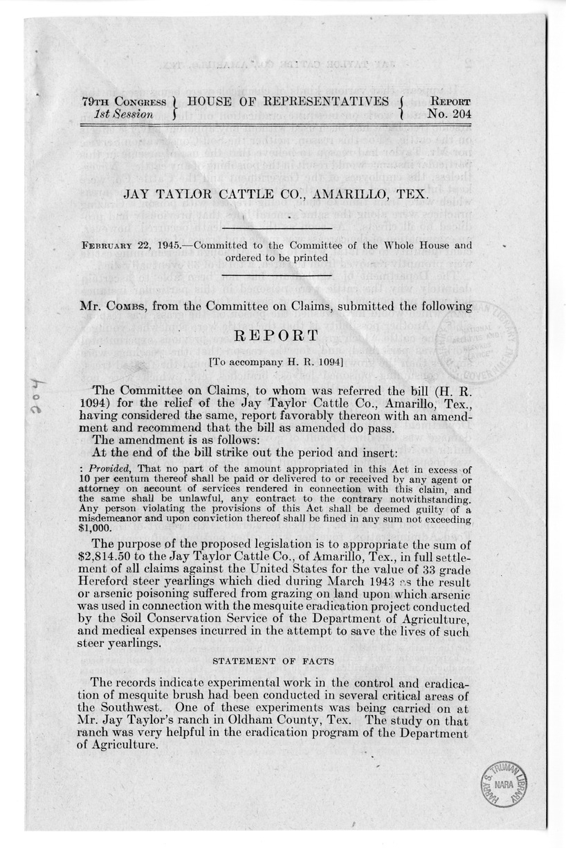 Memorandum from Frederick J. Bailey to M. C. Latta, H.R. 1094, For the Relief of the Jay Taylor Cattle Company, Amarillo, Texas, with Attachments