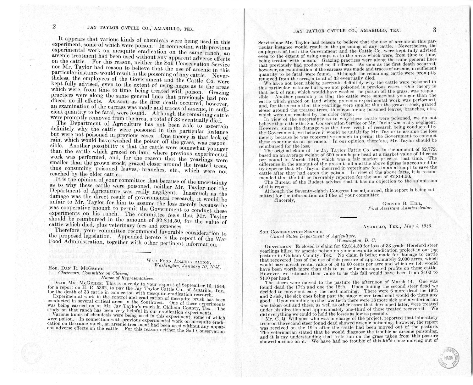 Memorandum from Frederick J. Bailey to M. C. Latta, H.R. 1094, For the Relief of the Jay Taylor Cattle Company, Amarillo, Texas, with Attachments