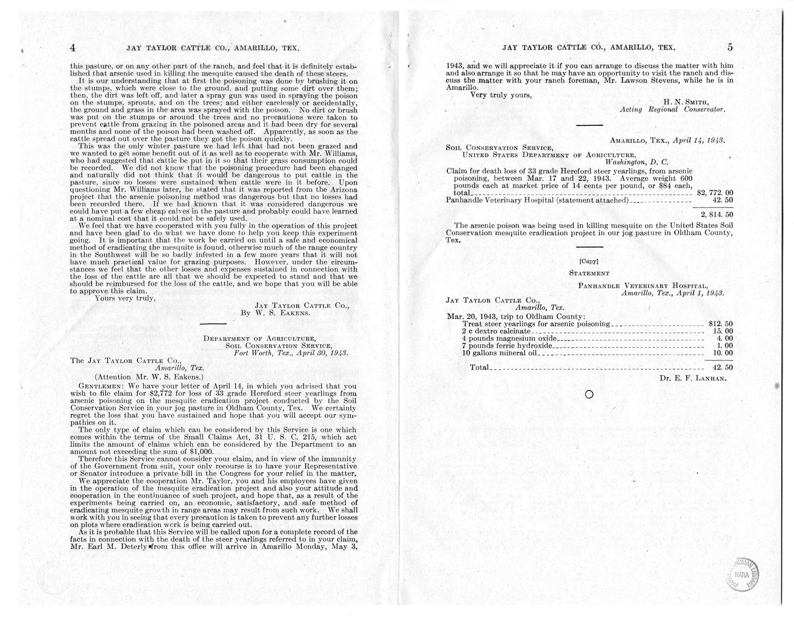 Memorandum from Frederick J. Bailey to M. C. Latta, H.R. 1094, For the Relief of the Jay Taylor Cattle Company, Amarillo, Texas, with Attachments