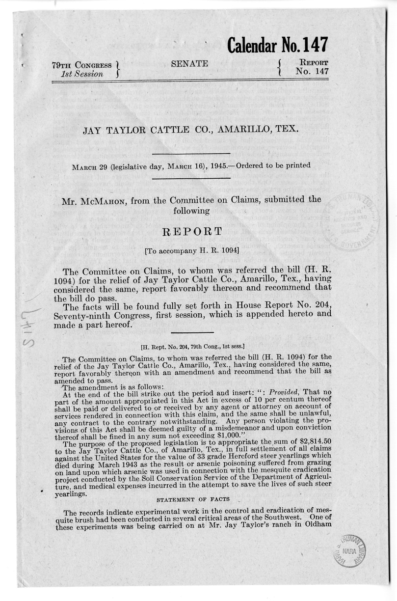 Memorandum from Frederick J. Bailey to M. C. Latta, H.R. 1094, For the Relief of the Jay Taylor Cattle Company, Amarillo, Texas, with Attachments