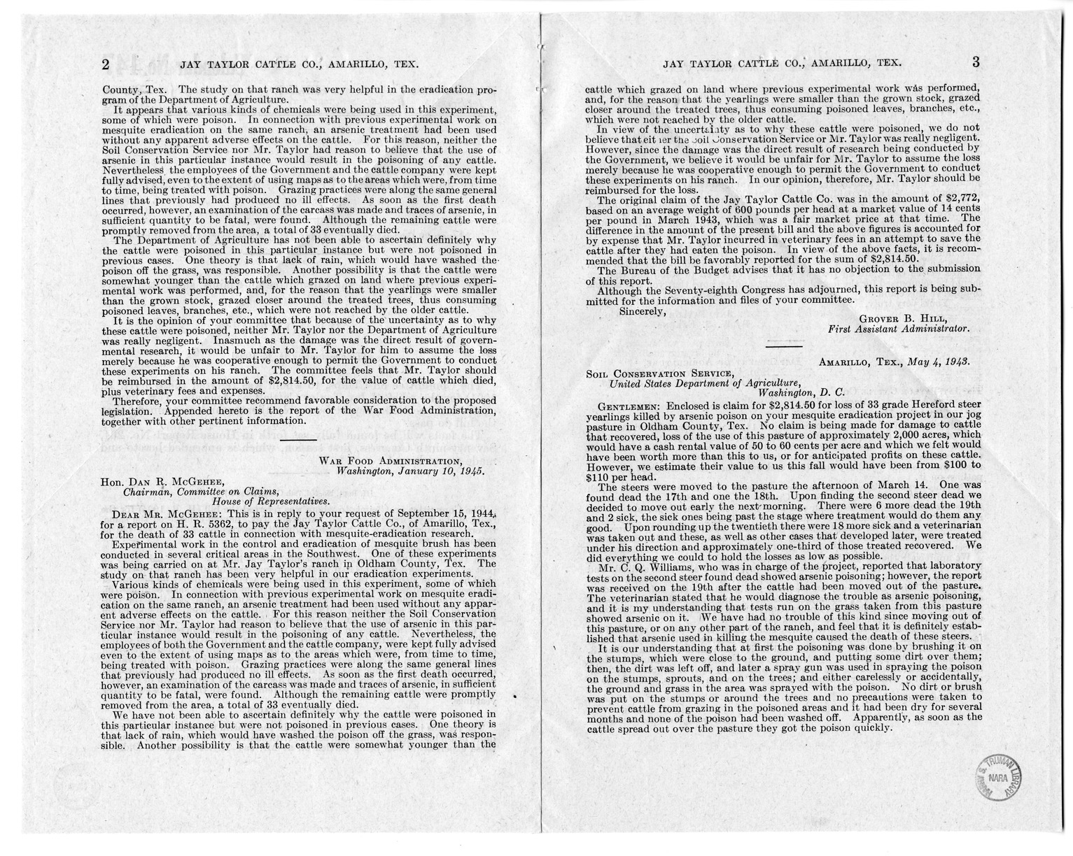 Memorandum from Frederick J. Bailey to M. C. Latta, H.R. 1094, For the Relief of the Jay Taylor Cattle Company, Amarillo, Texas, with Attachments