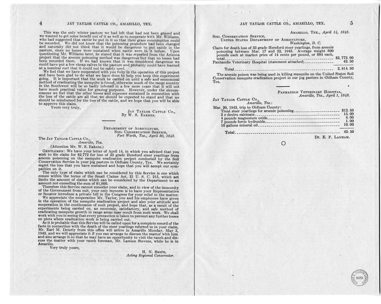 Memorandum from Frederick J. Bailey to M. C. Latta, H.R. 1094, For the Relief of the Jay Taylor Cattle Company, Amarillo, Texas, with Attachments