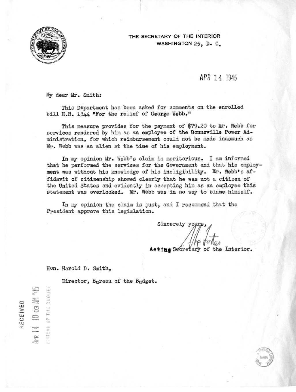 Memorandum from Frederick J. Bailey to M. C. Latta, H.R. 1344, For the Relief of George Webb, with Attachments